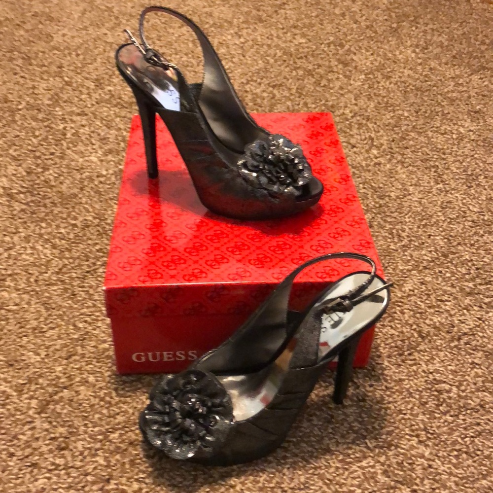 Guess silver and black heels with flower detail